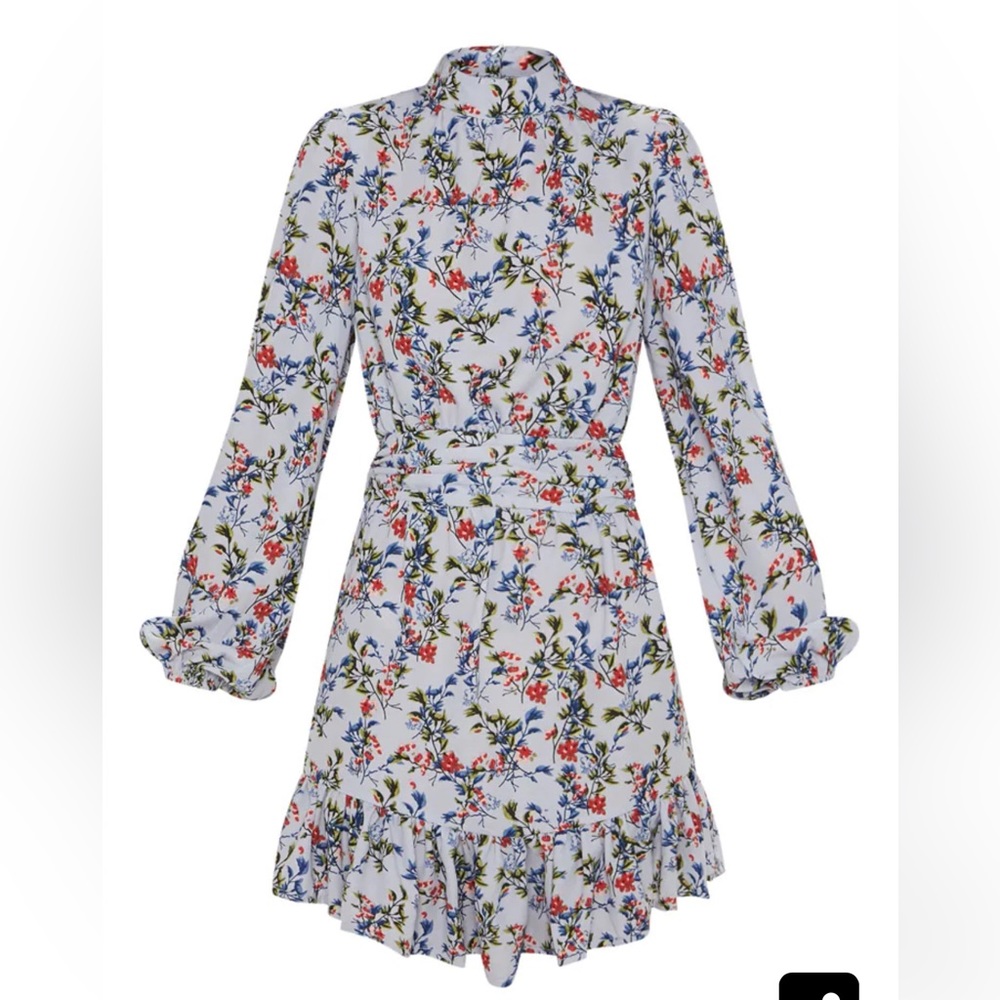 NWOT-Dusty Blue Floral High Neck Frill Hem Shift Dress